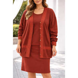 Vtg Lecomte Button Down Cardigan 3 Piece Merino Blend Sweater Skirt Set Size XL